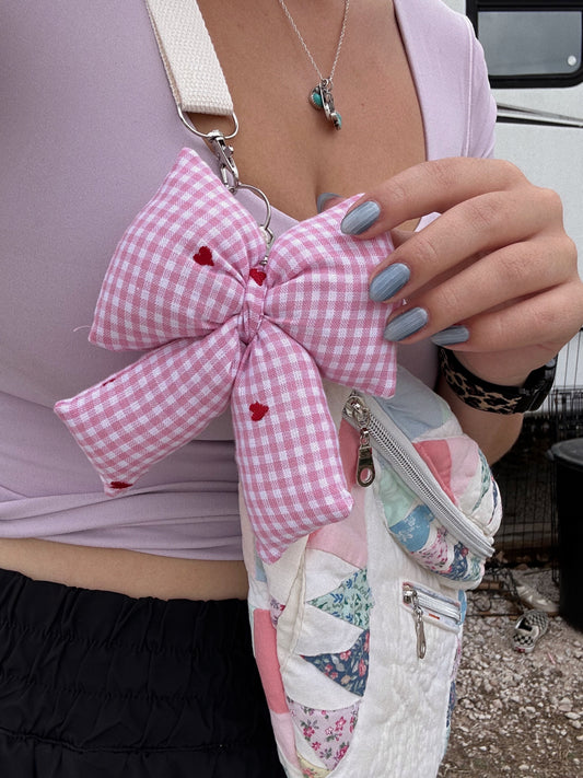 Pink Gingham Hearts bow keychain